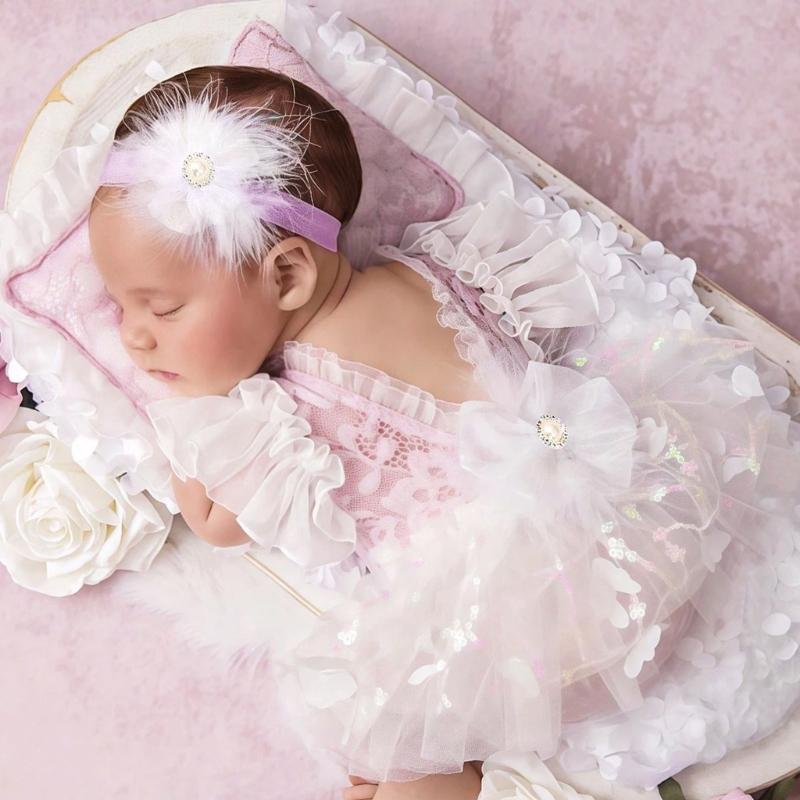 Newborn Photography Lace Dress Set Baby Girls Photo Shoot Costume Polyester Fabric With Floral Texture 0-1 Month Photoshoot Accessory