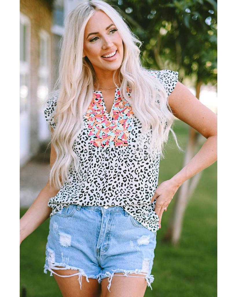 Azura Exchange Embellished V-neck Blouse with Ruffle Sleeves