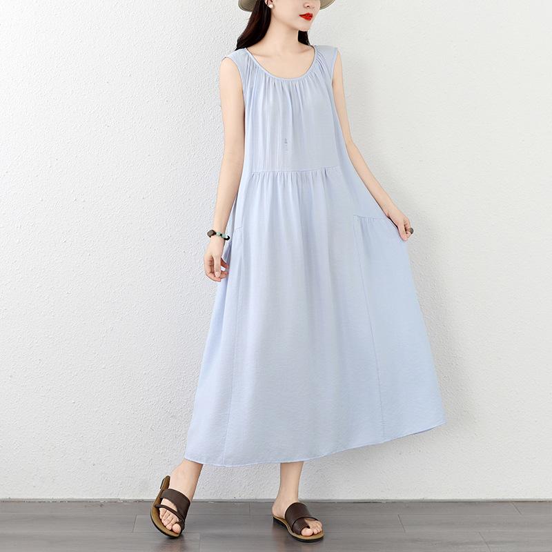 Elegant And Laid-back Style, Large Sleeveless Cotton And Linen Round-neck Vest Dress