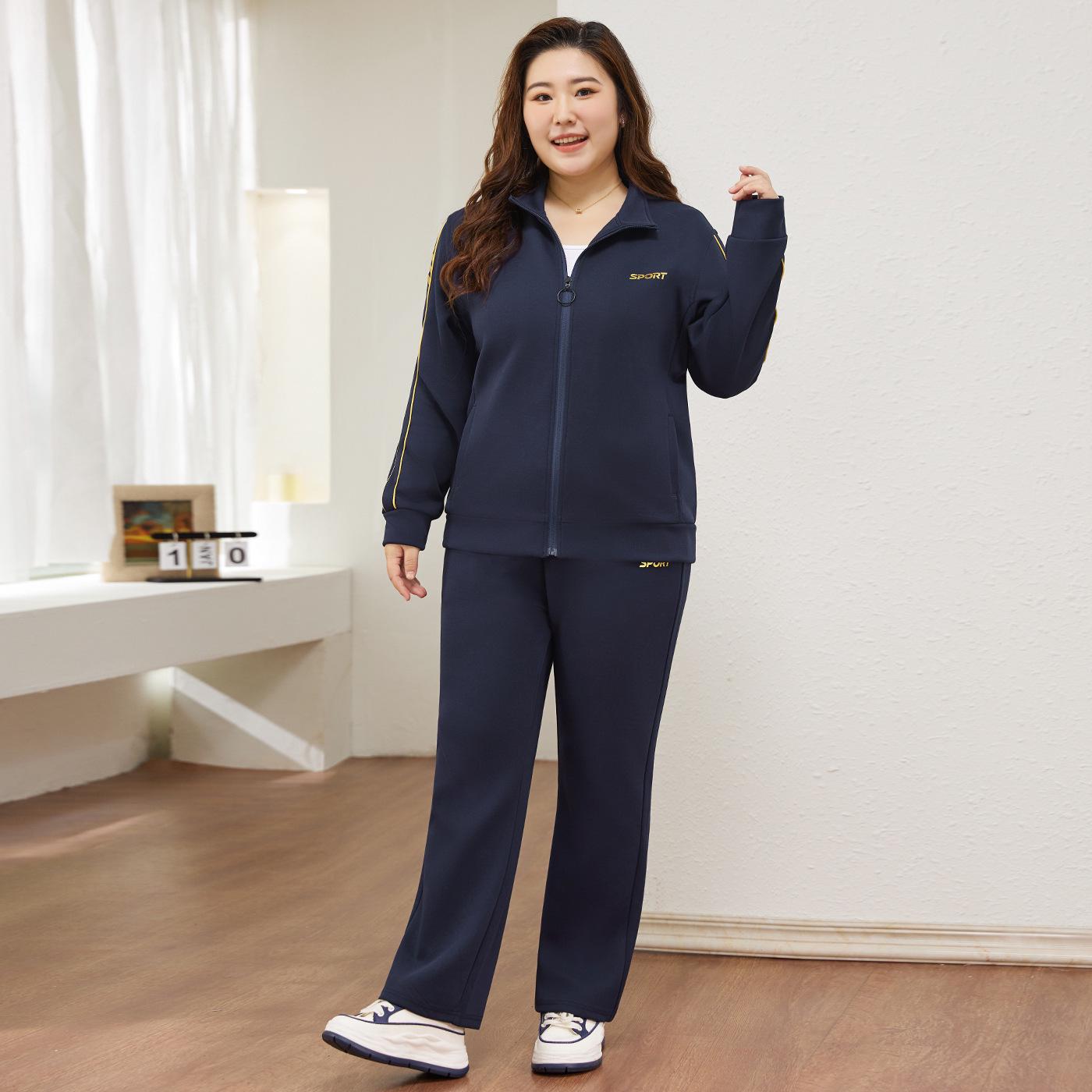 

Комплект из двух вещей больших размеров для осени-зимы с длинным рукавом: Повседневная спортивная одежда для женщин среднего возраста 2XL (110-130 jin) темно-синий