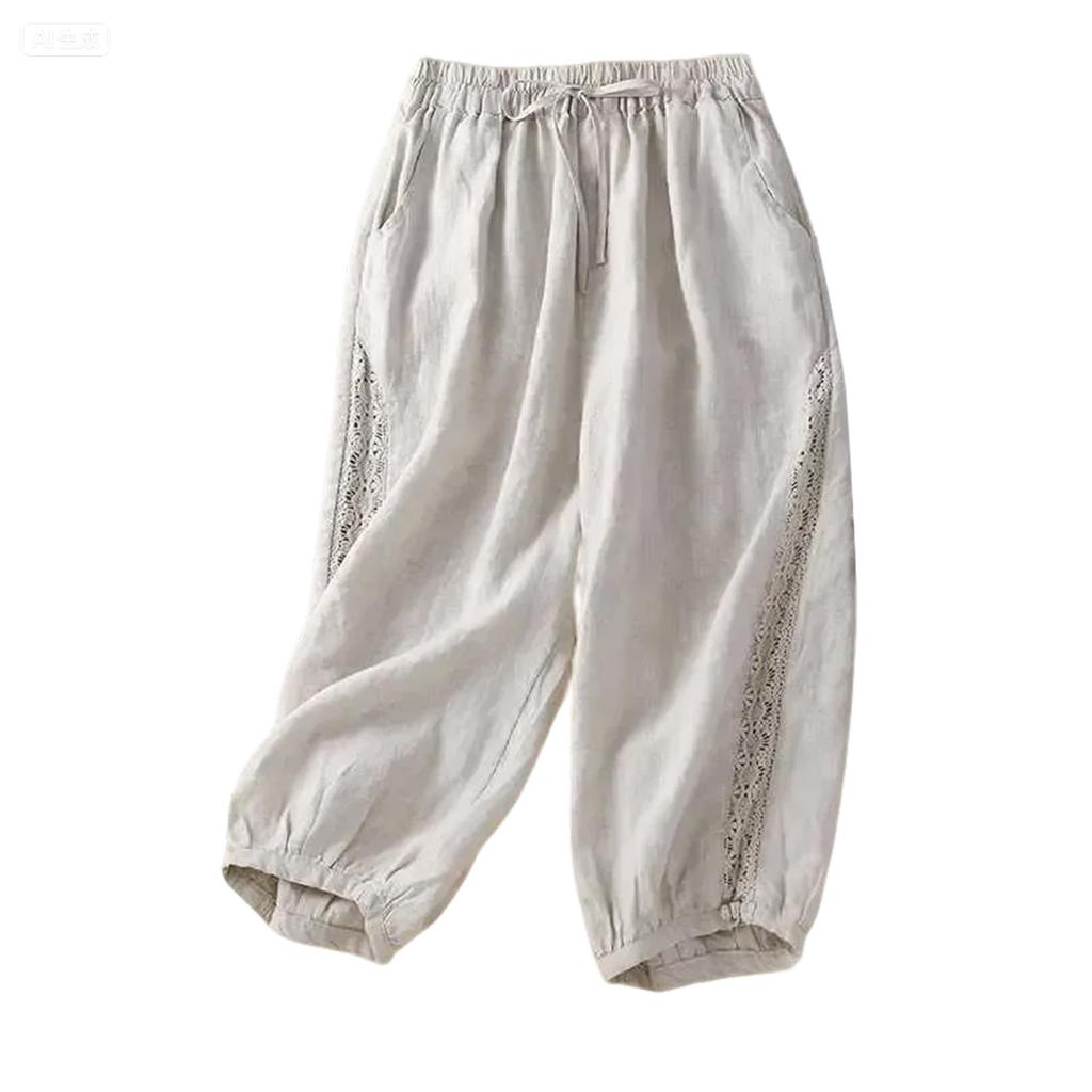 Damen Baggy Baumwoll-Leinenhose Elastischer Bund Lässig Locker Sommer Strandurlaub Hose