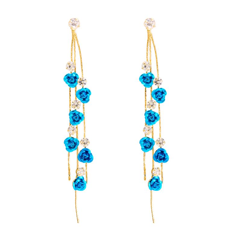 Temperamental Woman 2025 Trendy Multicolour Rose Flower Earrings Alloy Rhinestone Long Tassel Elegant Eardrop Party Jewelry Gift