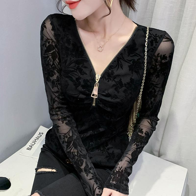 

Зимняя сексуальная футболка с V-образным вырезом на молнии, женская сетчатая верхняя часть, обтягивающая внутренняя часть, с длинными рукавами, базовая рубашка для женщин 3XL чёрный