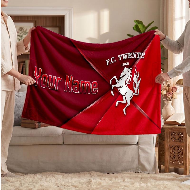 Couverture polaire personnalisée FC Twente avec logo de football, texte de nom personnalisé, couverture d'appoint douce et chaude pour la maison