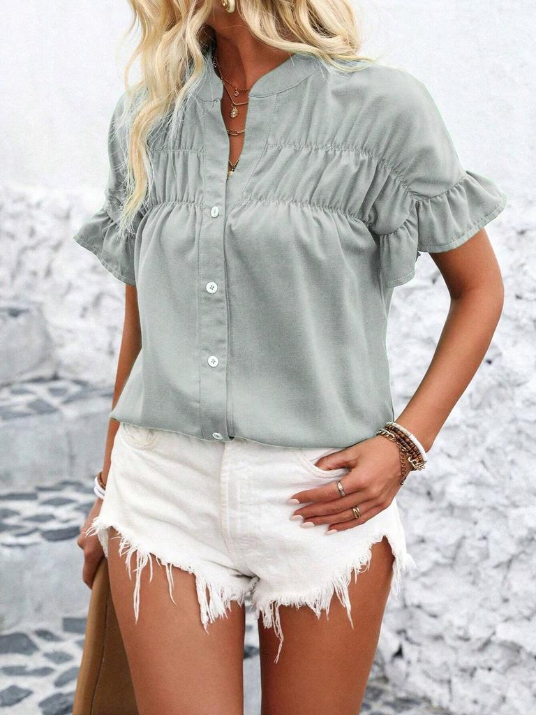 1116 European and American women's clothing casual short-sleeved pleated shirt button solid color cotton and linen stand-up collar shirt women