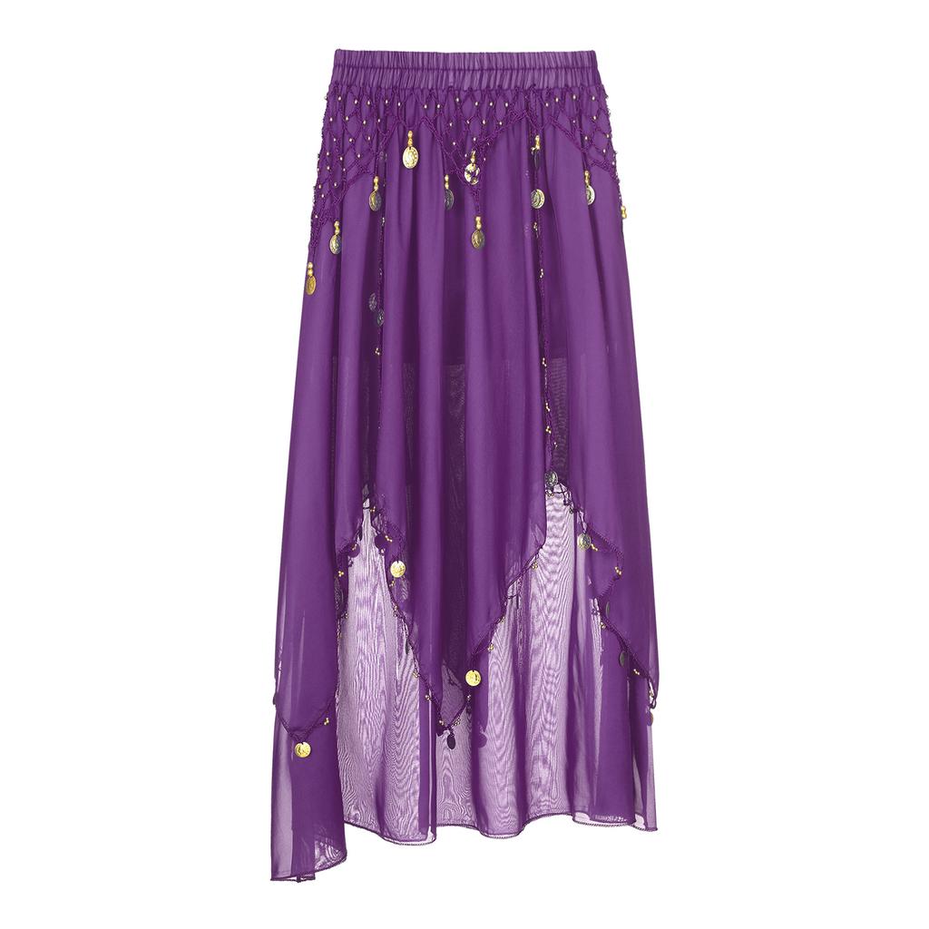 Ladies Sequin Beaded Belly Dance Skirt Chiffon Fabric Elastic Waistband Performance Costume Practice Dancewear