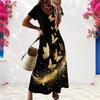 Women Plus Size V Neck Short Sleeve Floral Butterfly Printed Black Straight Long Dress