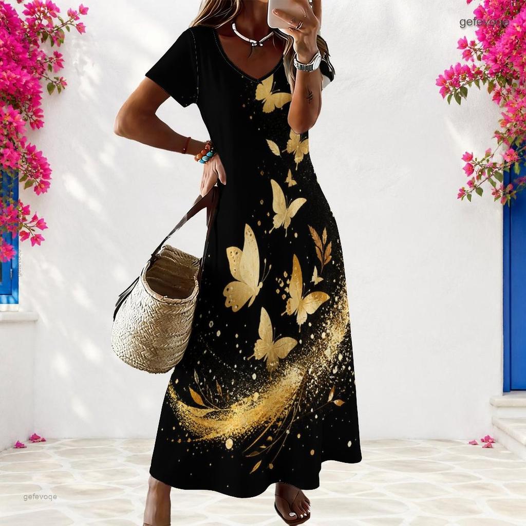 Women Plus Size V Neck Short Sleeve Floral Butterfly Printed Black Straight Long Dress