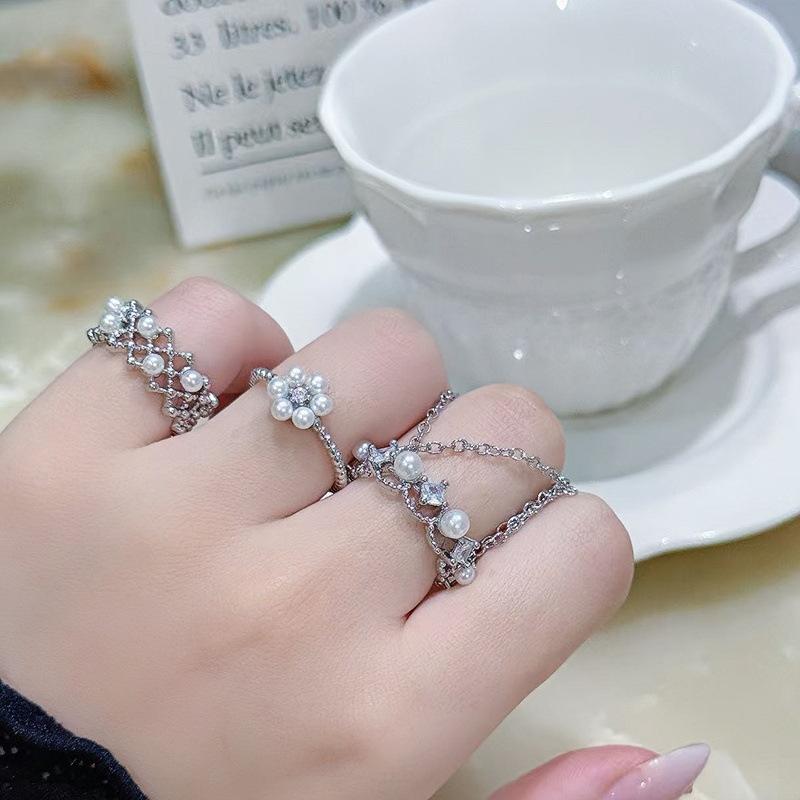 Exquisite Niche High-End Bead Fringed Ring Women'S Fashion Light Luxury Zircon Double-Layer Geometric Open Index Finger Ring