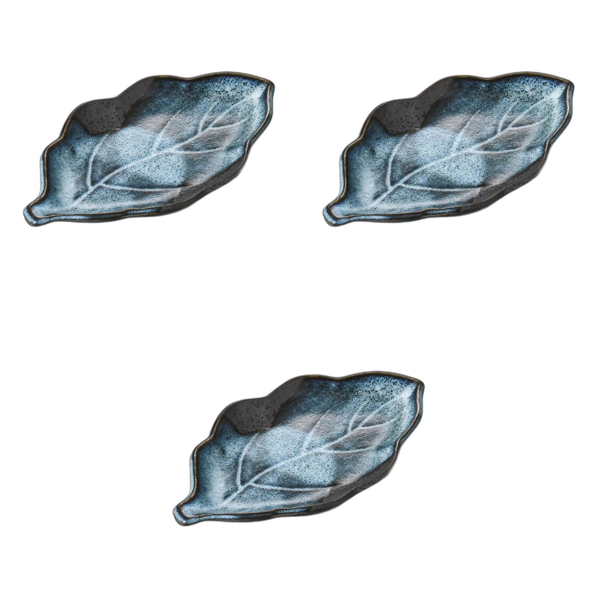 

Set of 3 Blue Flow Tenmoku Individual Plates x 11 x Individual Ceramic Plates by Setomonohonpo Leaf-Shaped [19 1.8 cm]