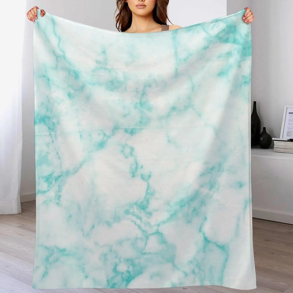 White and Teal Marble Throw Blanket Warm Flannel Blanket for Couch Chair Bedroom
