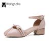 Fashion Fairy Bowknot cover heels square toe women sandals wood thick med heels shoes women closed toe sandalias large size 34-43