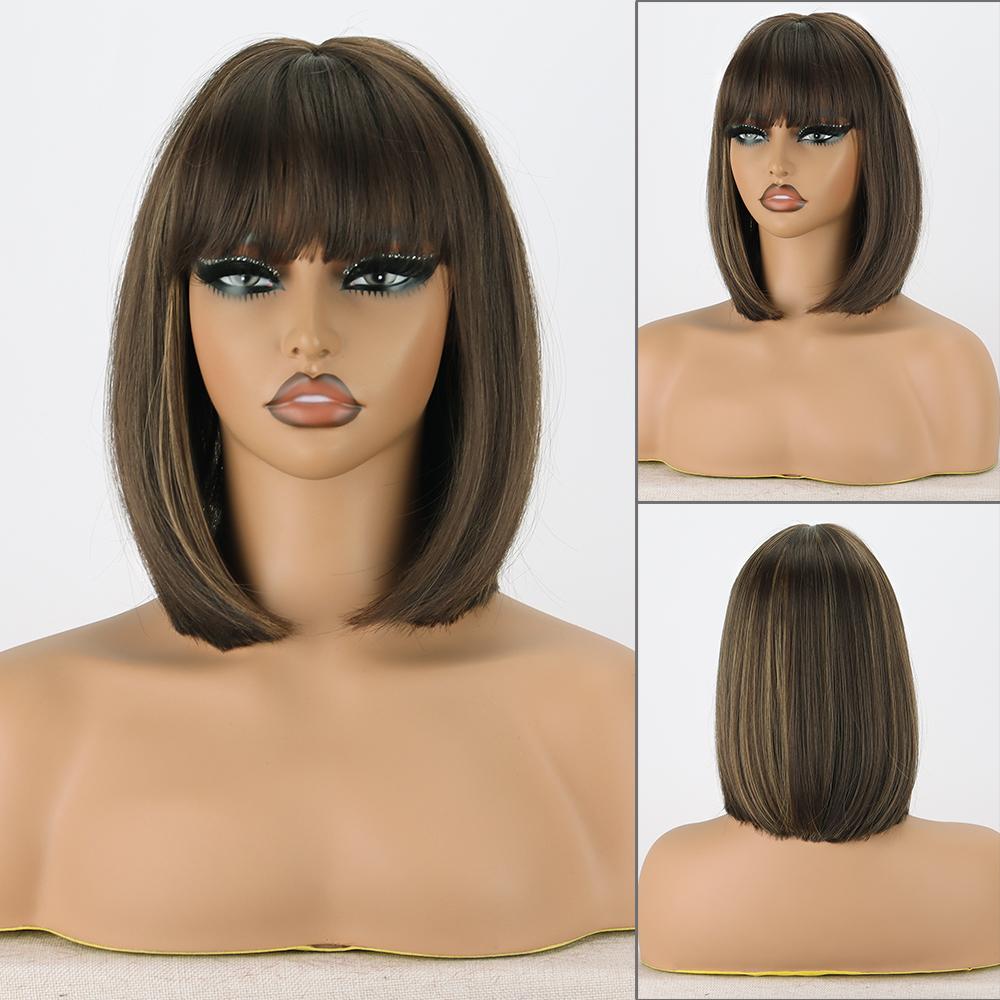 MISS WIG Damskie krótkie proste fioletowe peruki Bob do ramion z grzywką syntetyczne włókno naturalne proste peruki Bob Cosplay