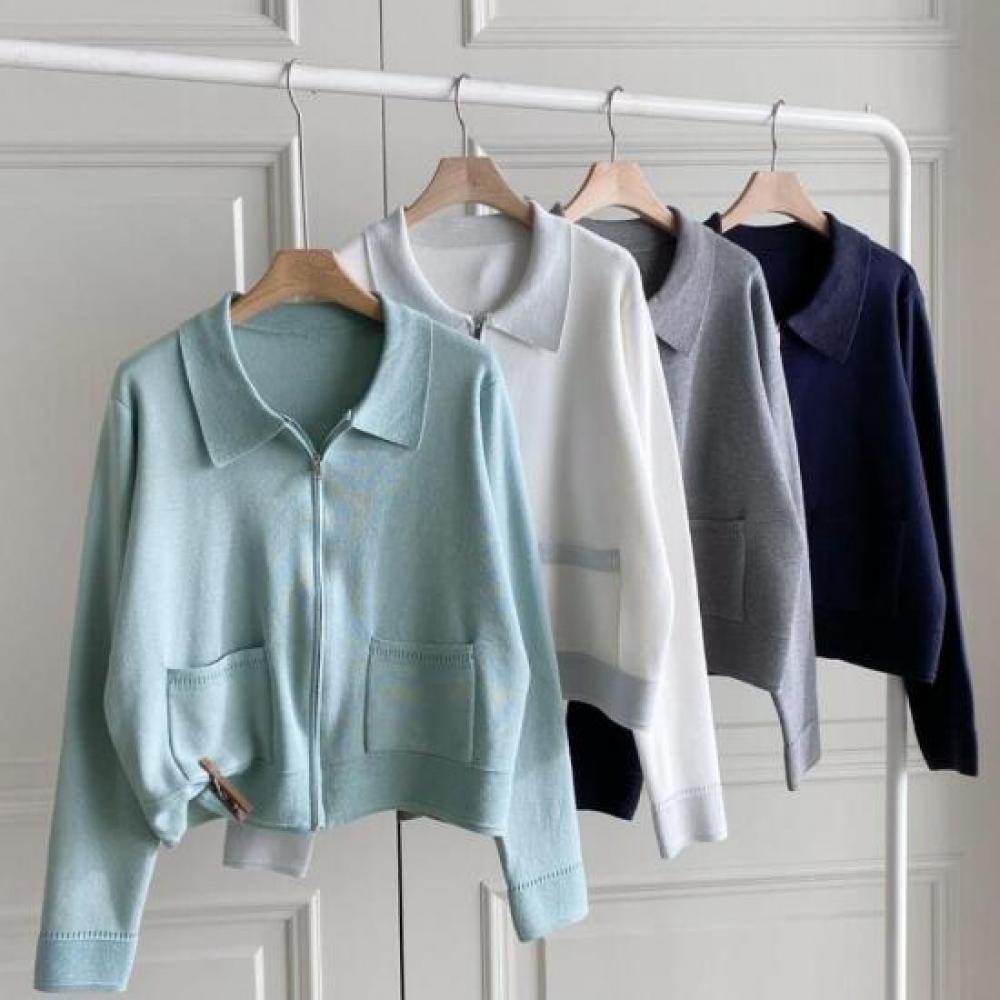 New Arrivals Open Run Zip Cardigan Pastel Cream Front Pocket Collar Neck Knit