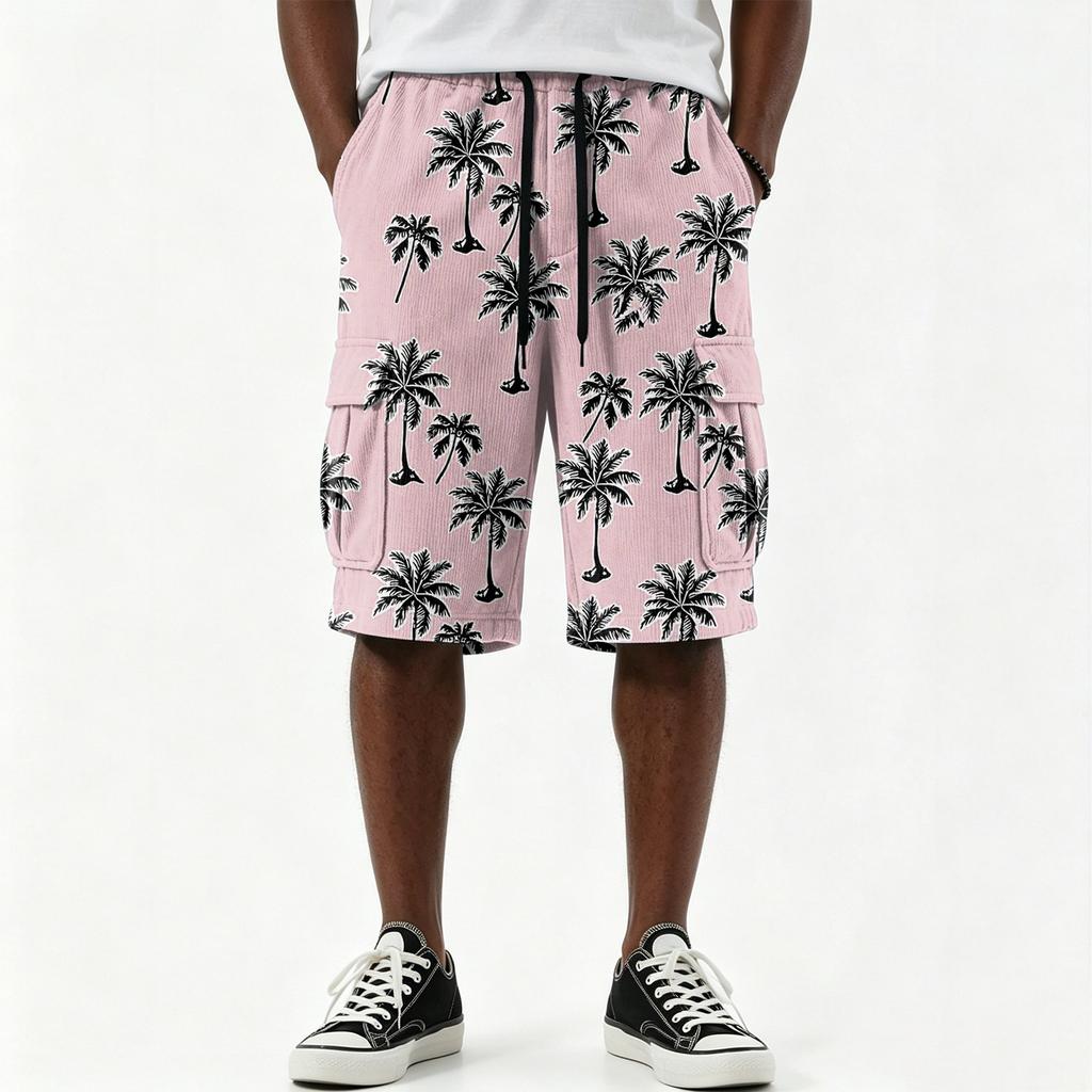 Men's Hawaiian Print Drawstring Knee Length Shorts with Multiple Pockets, Casual