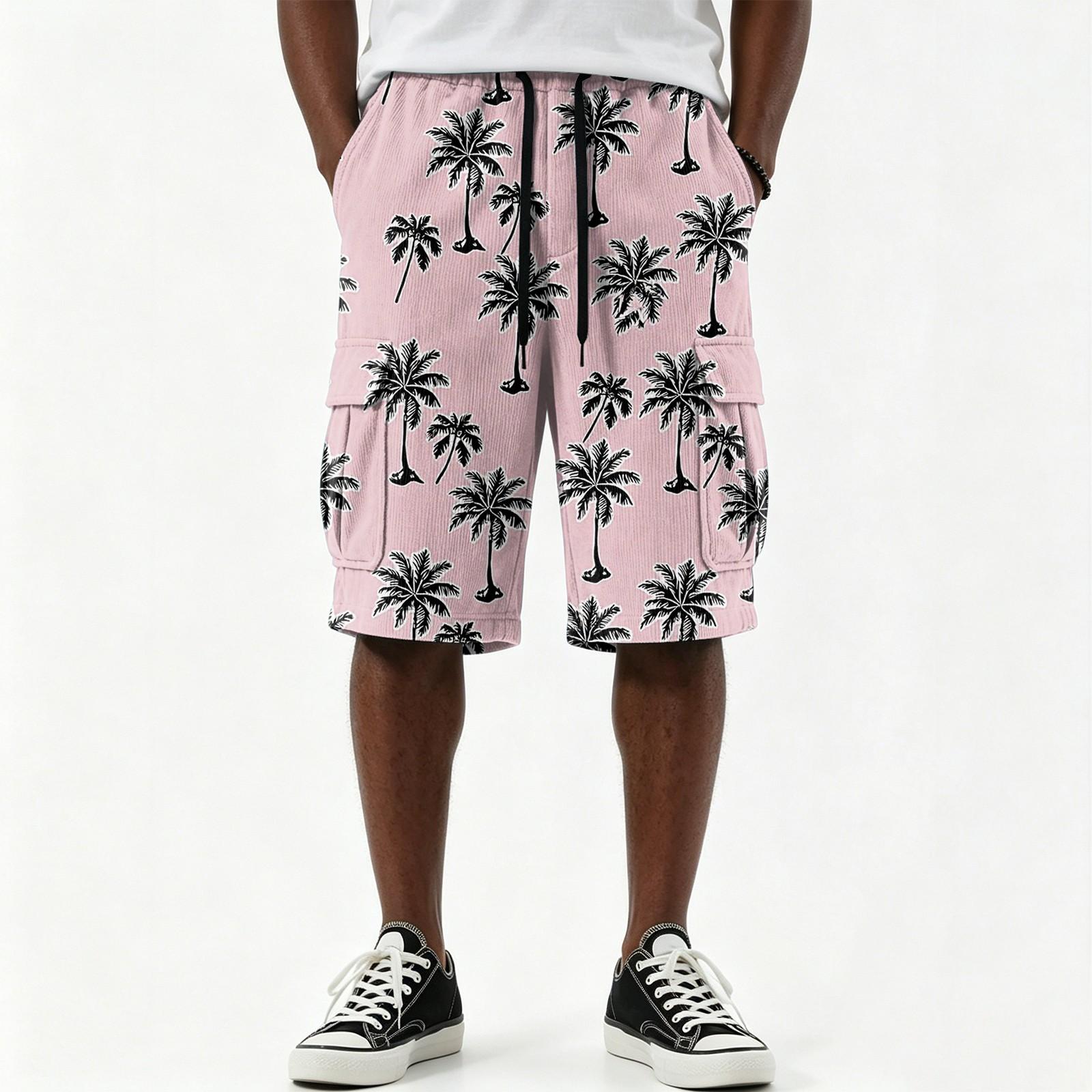 Men s Hawaiian Print Drawstring Knee Length Shorts with Multiple Pockets, Casual XL розовый