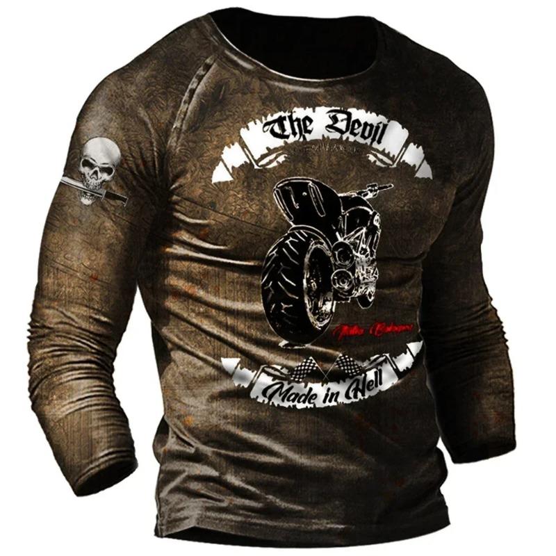 Men's Autumn and Winter Motorcycle T-shirt, 3D Printed Retro Long Sleeved Motorcycle Rider T-shirt, Oversized T-shirt, Men's