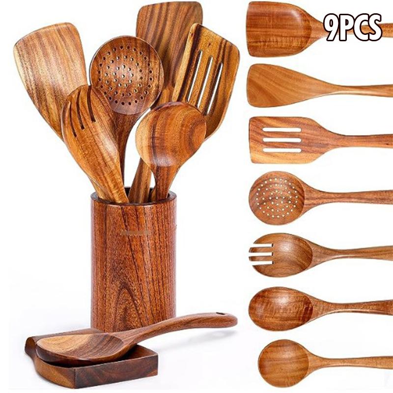 Natural Wood Kitchen Utensil Set  Eco-Friendly Cooking Tools Incl Skimmer Spoon Salad Scoop Non-Stick Rice Colander for Soup