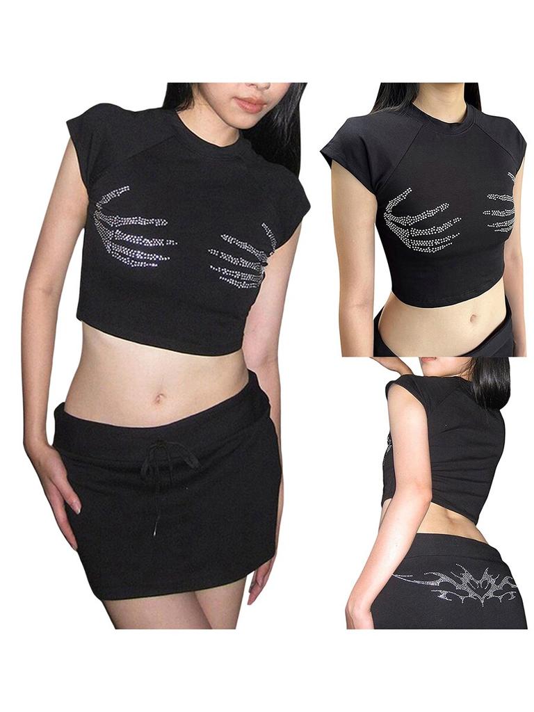 Spring Summer Street Casual Party Tops Tee Women Crop Shirt 1/4 Sleeve Round Neck Hand Shaped Crystal