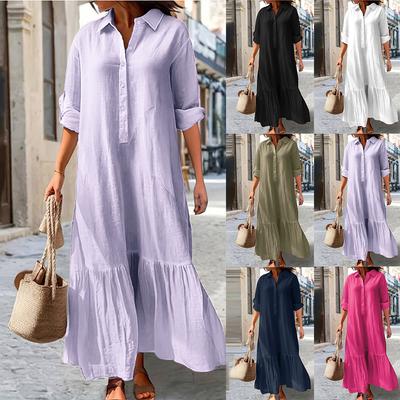 Oversized košilové šaty s knoflíky - Jednobarevné dlouhé maxi