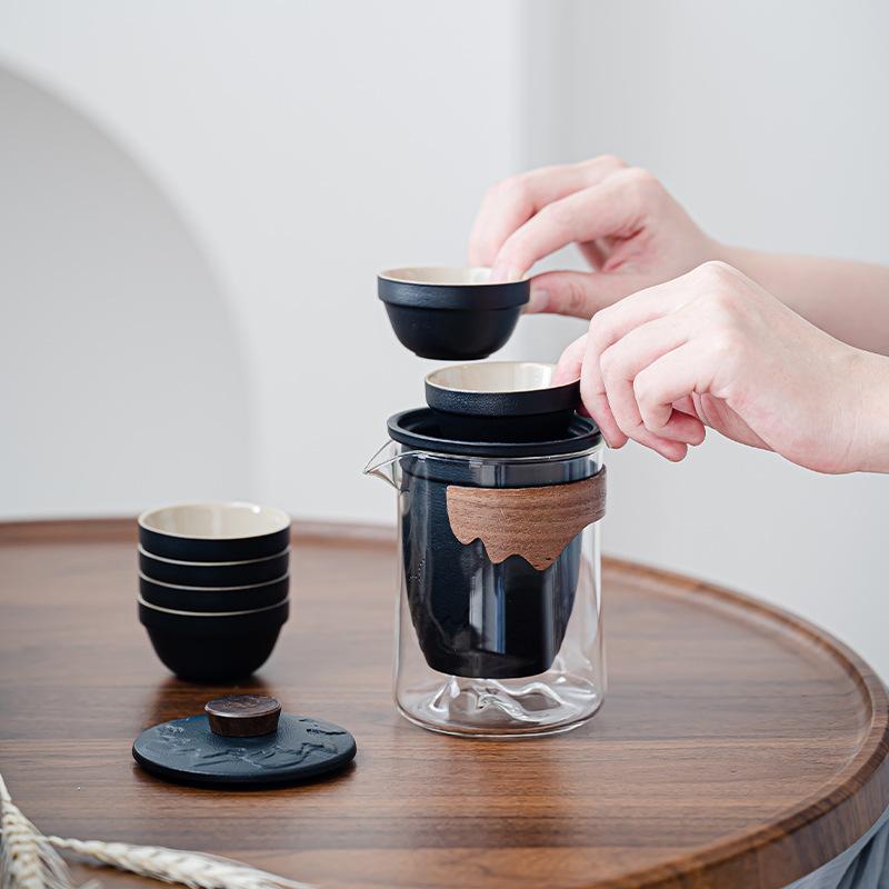 Glass Travel Tea Set Portable One Pot Six Cups Express Cup Car Outdoor Camping Tea Business Gift