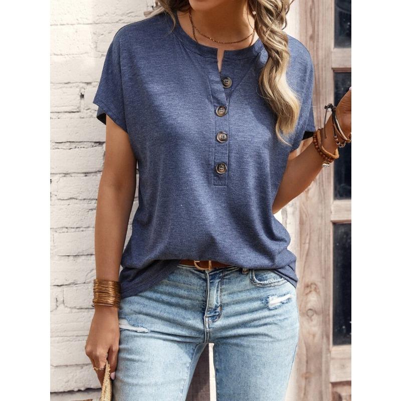 Spring and Summer Women's Clothing New Top Solid Color Button Fashionable Short-sleeved T-shirt for Women