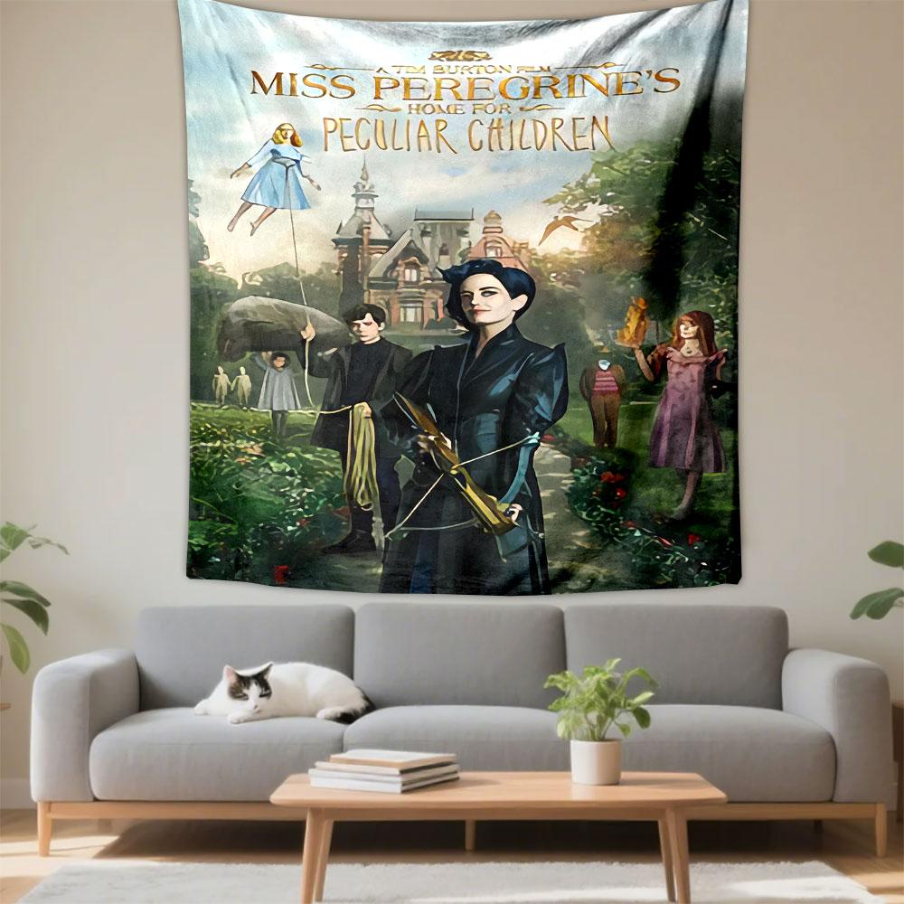 Miss Peregrine's Home Tapestry Wall Hanging, Tim Burton Peculiar Children Movie Art, Dark Fantasy Wall Decor for Bedroom Dorm