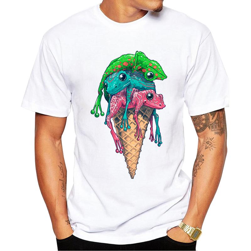 TEEHUB Icecream Frog Printed Men T-Shirt Colorful Frog Tshirts Short Sleeve Funny Tees Casual