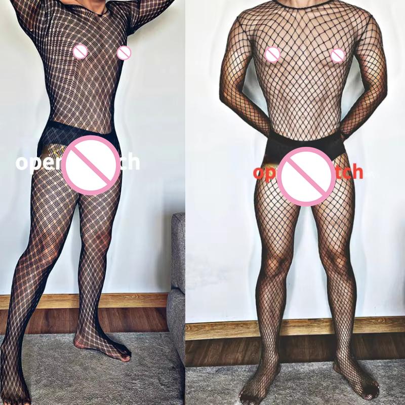 Plus Size Men's Black Sexy Lingerie Fishnet Body Stockings Male Underwear Exotic Lingerie for Man Open Crotch Transparent Tights Comfortable Stretchy
