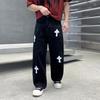 Jeans de Mezclilla Americana Vintage para Hombre Pierna Recta Holgada Corte Ancho Pantalones Casuales con Detalle de Jacquard Cruzado
