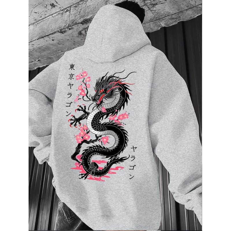 Black Dragon Cherry Blossom Print Hoodie Loose Drop Shoulder Unisex Pullover Sweatshirt Couples Winter Casual Wear