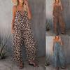 Women's Spaghetti Strap Leopard Print Loose Wide Leg Pocket Casual Long Jumpsuit