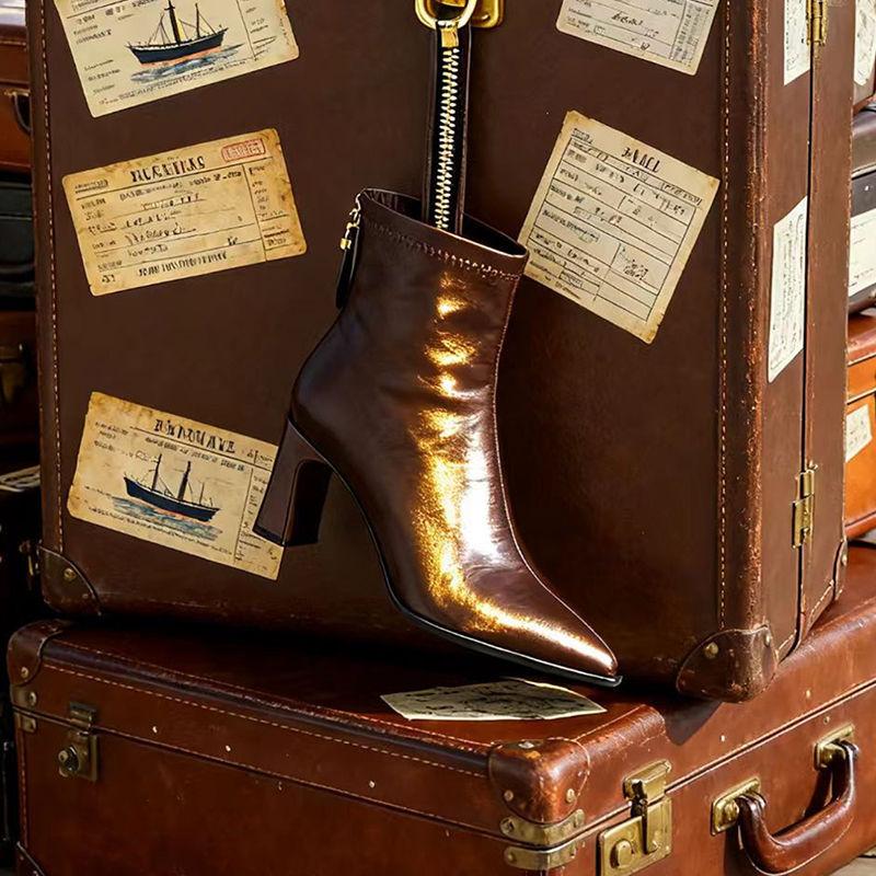 

High-heeled fashion boots women s winter new French square head thick-heeled short boots commuter casual boots women s shoes 40 коричневий