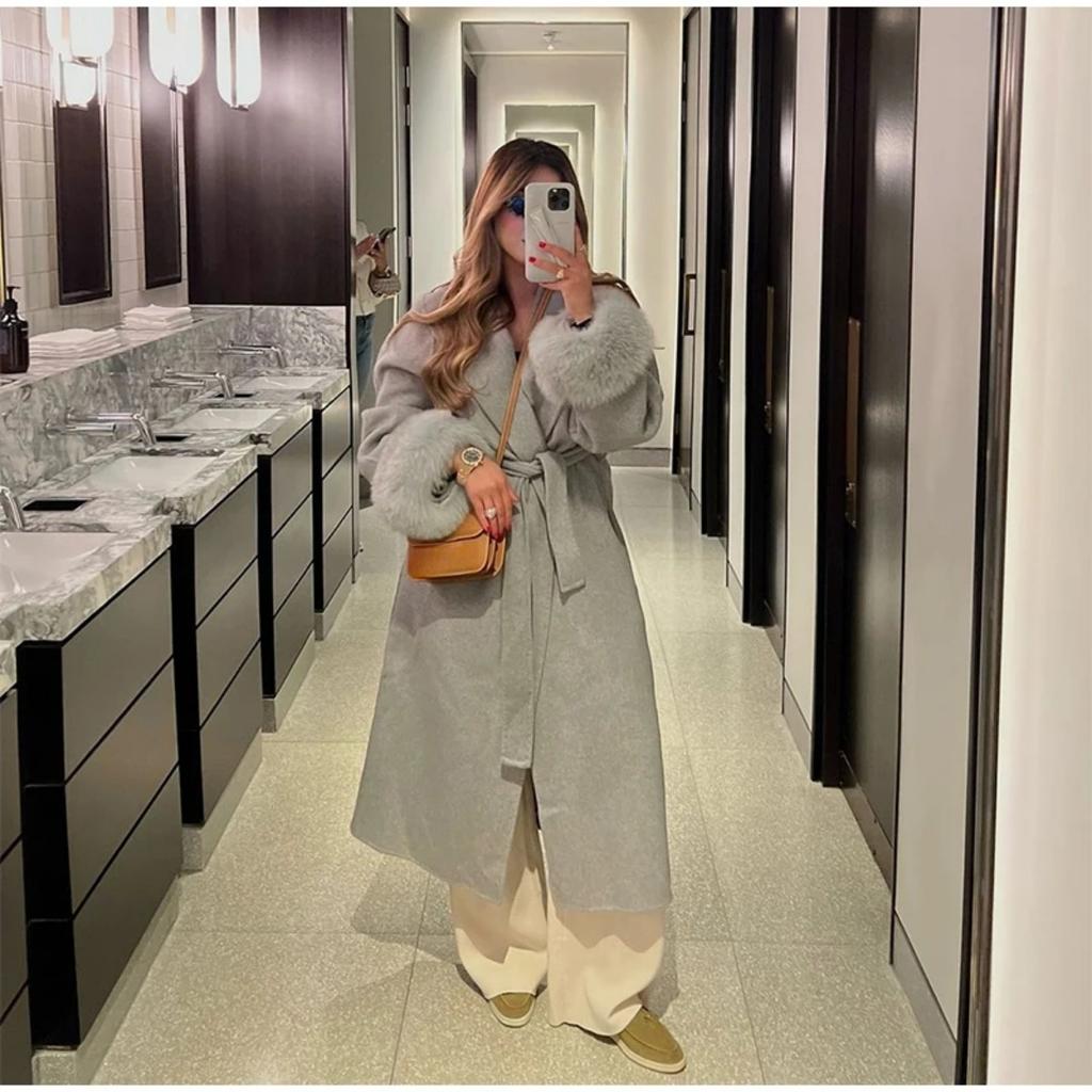 Chic Lapel Plush Coat With Belt Women Vintage Solid Faux Fur Sleeve Tweed Open Coats Female Autumn Casual Street Outwear