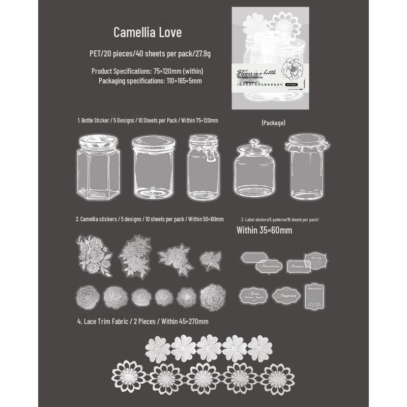 Ketchup Girl Floral Bottle & Feather Stickers - White Ink Gradient Wraps for Collage & Decoration (6 Styles)