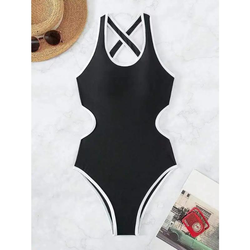 

Сексуальный неоново-зеленый черный лоскутный купальник женский с вырезами на спине крест-накрест, открытой спиной, утягивающий живот, слитный купальник 2025 S белый