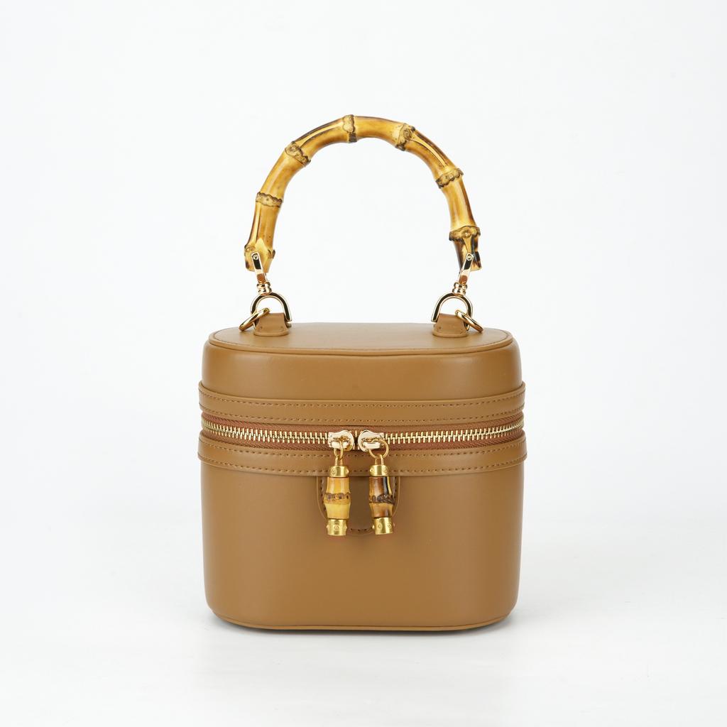 Damska torba z rączką z bambusa i skóry na wiosnę, Luksusowa torba na ramię lub crossbody do pracy, Torba typu worek