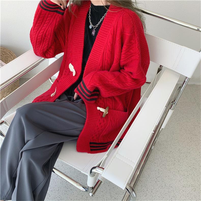 Fall Winter Wool Cardigan Women's Mid-length V-neck Sweater Loose Thick Cashmere Knitted Jacket