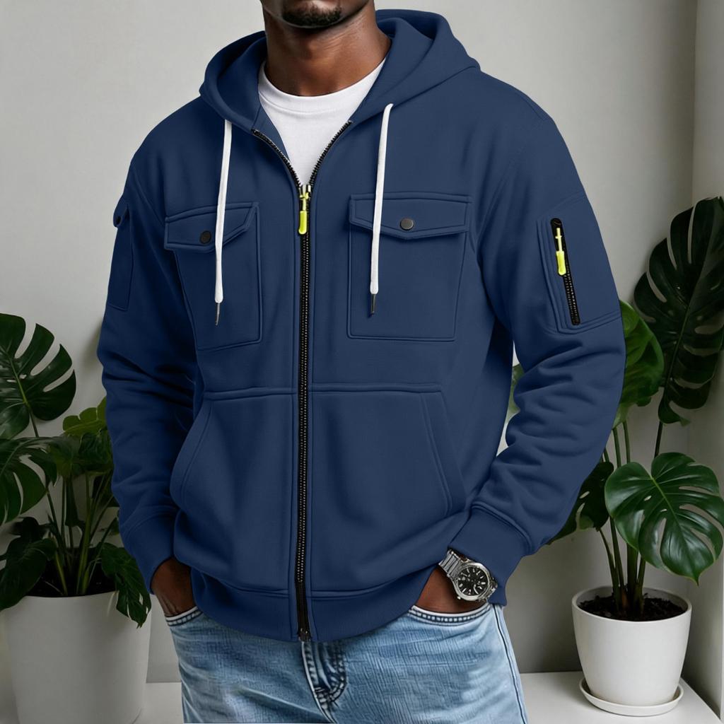 Men's Casual Multi-Pocket Zip Hoodie, Outdoor Cargo Jacket for Sports and Daily Wear