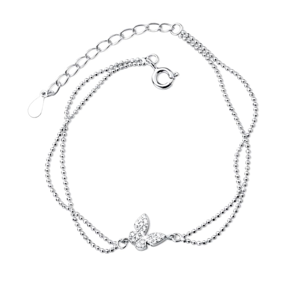 TENDYCOCO Butterfly Bracelet, Double Chain, 925 Sterling Silver, Women's, Cute, Simple, Adjustable, Stackable