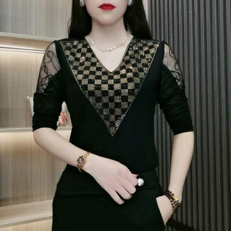 

Spring Autumn New Hot Diamond Long Sleeve Tshirt Mom s Fashion Loose Black Pullovers Women s Fashion V-neck Bottoming Top L-4XL XL золотий