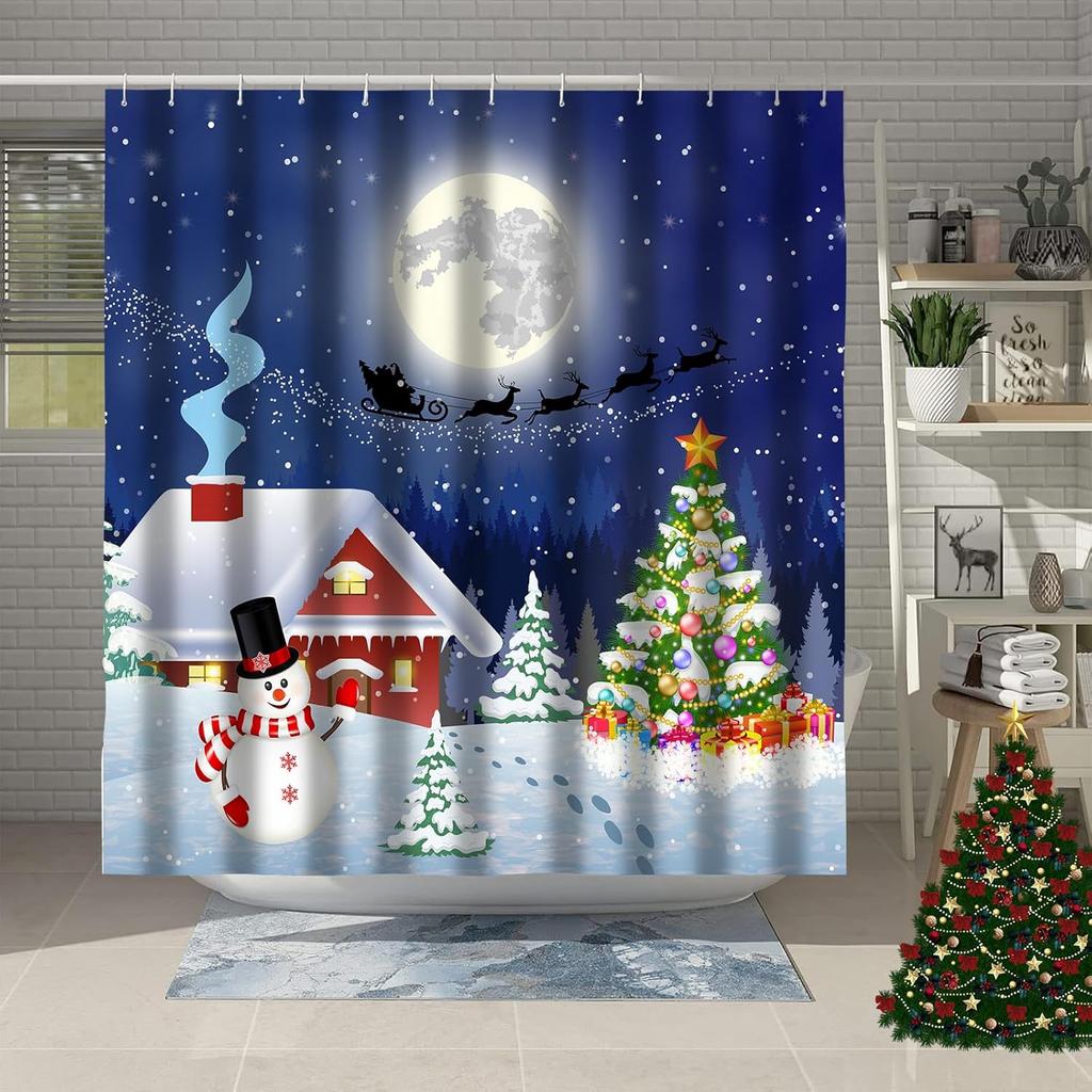 Christmas Shower Curtain Snowflake Bathroom Curtain, Merry Christmas Bathroom Decoration Blue Cartoon Snowman Bathroom Decor