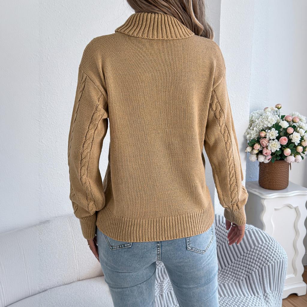 Suéter de punto trenzado de cuello alto de color para mujer con mangas