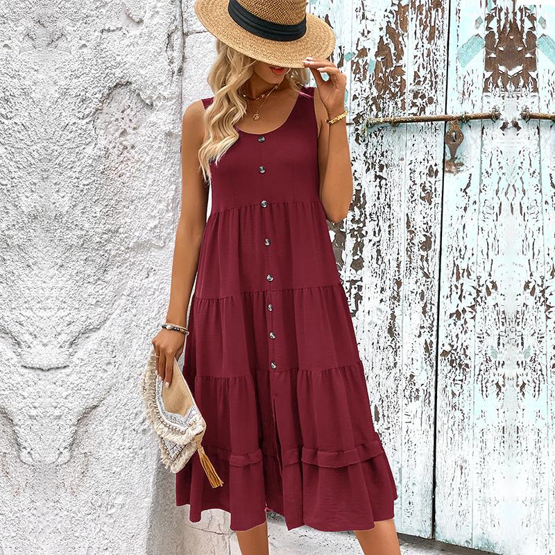 YYFS Damenmode, Sommer, Frühling, einfarbig, ärmellos, U-Ausschnitt, Freizeitkleider