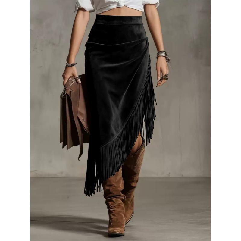 Vintage Western Style Irregular Design Solid Color Midi Skirt