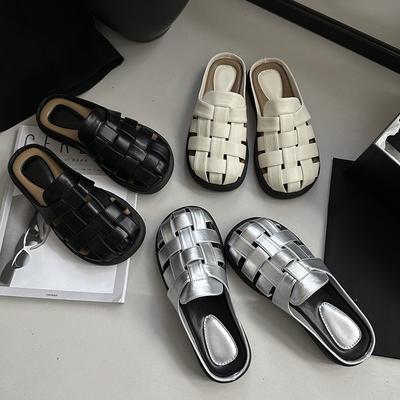 Casual Halfslippers Damesschoenen Zomer Binnen Buiten Dragen 2026 Nieuw Retro Weven Hol Dikke Zool Romeinse Slippers Klompen
