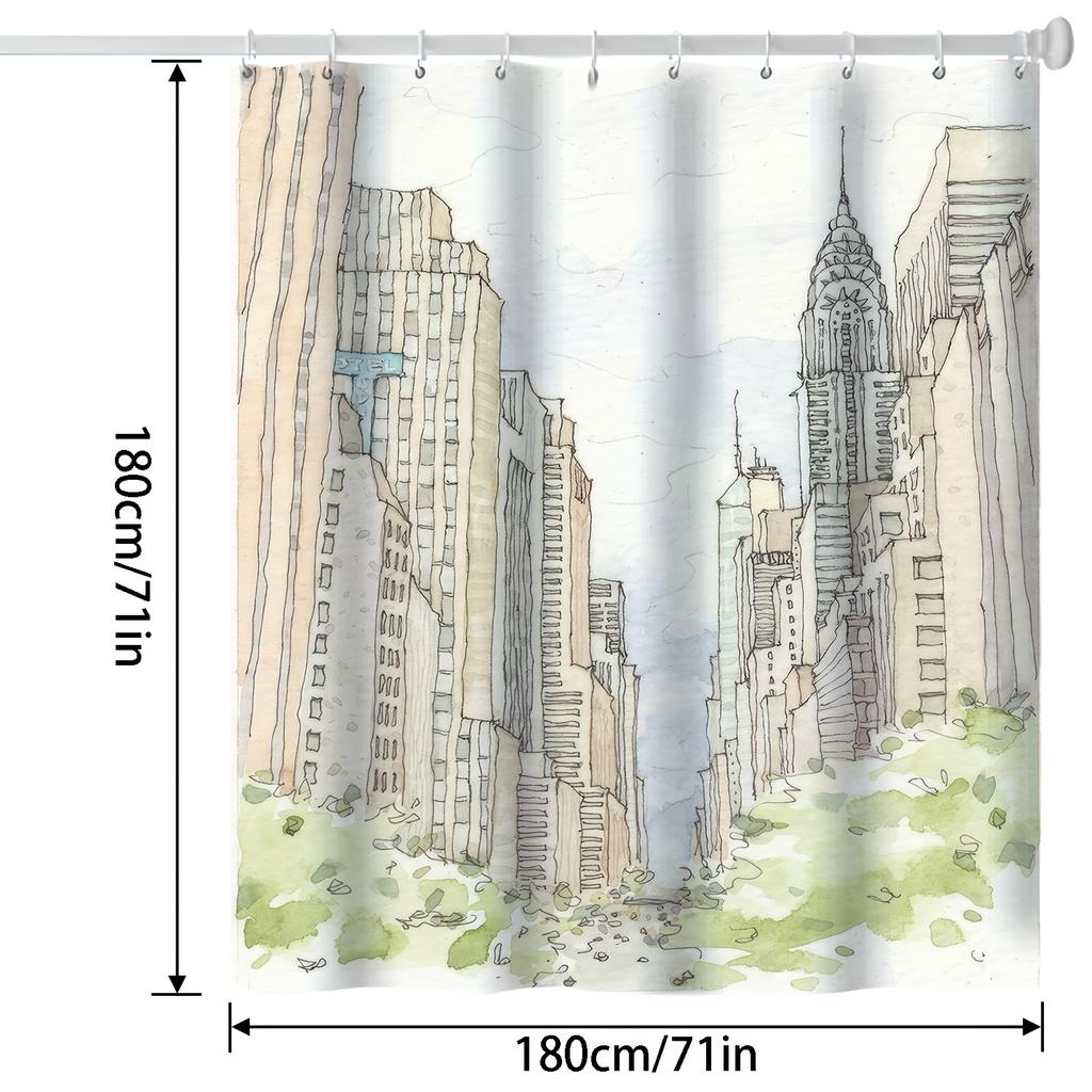 Vintage Urban Cityscape Bath Curtain - Modern Skyline & Greenery Design, Polyester, Machine Washable, Includes Hooks