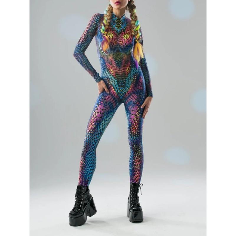 Unisex 3D Digital Colorful Snake Leopard Pattern Animal Printing Outfit Adults Halloween Party Role Play Cosplay Costume Carnival Jumpsuit