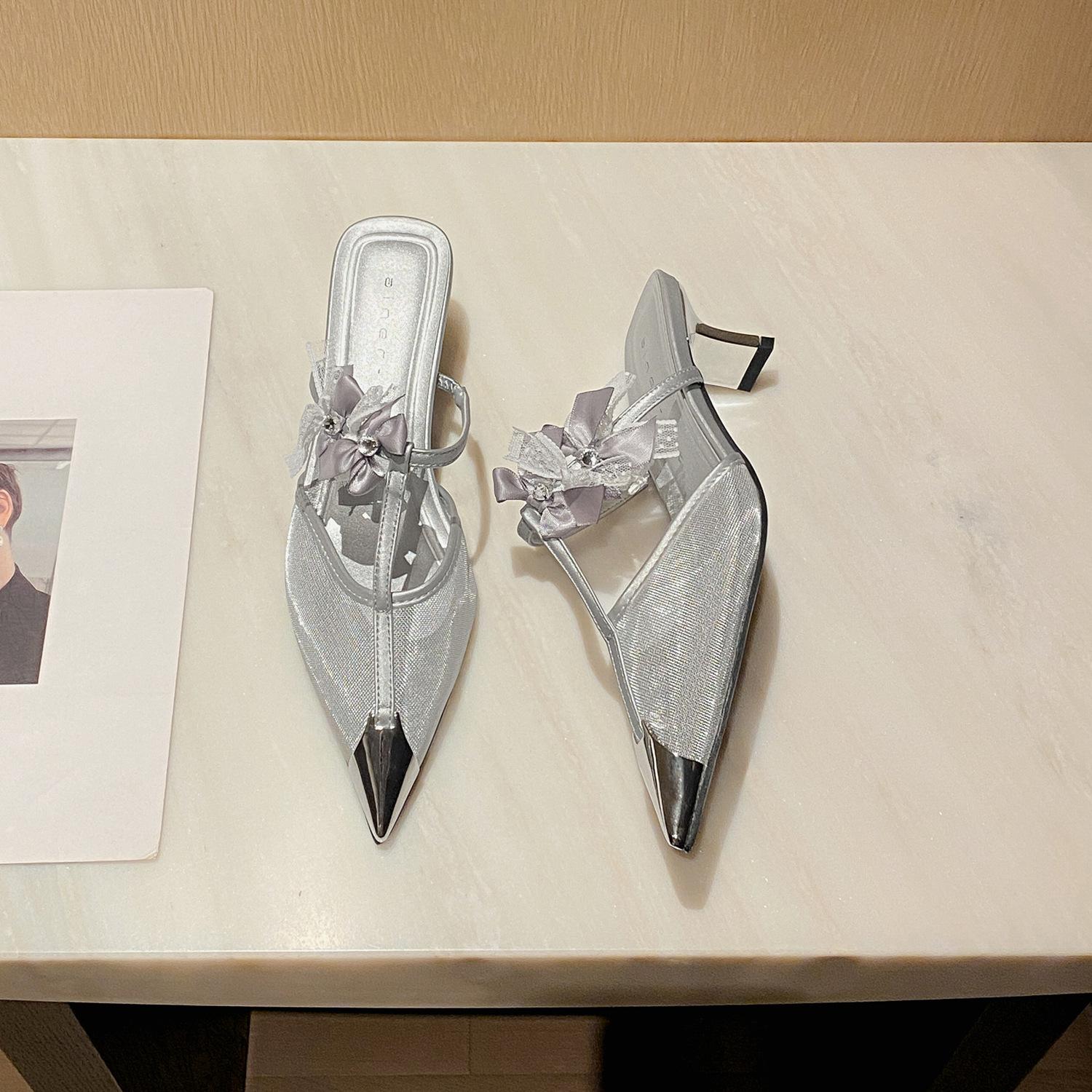 

59016 high-heeled slippers women s thick heel 2025 new bag head mesh sandals pointed bow light mouth single shoes 39