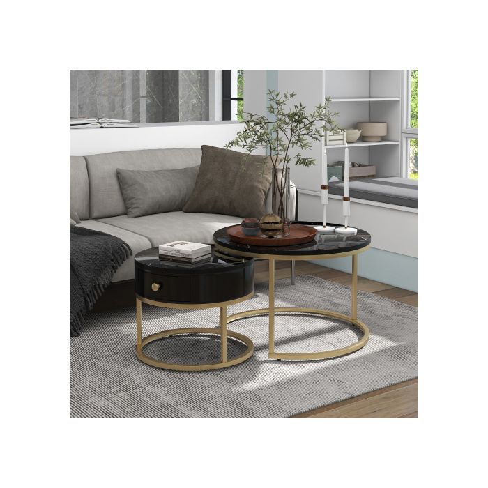 Table basse moderne Nesting Motif marbre brillant Lot de 2 tables basses rondes Table d'appoint ronde Nesting